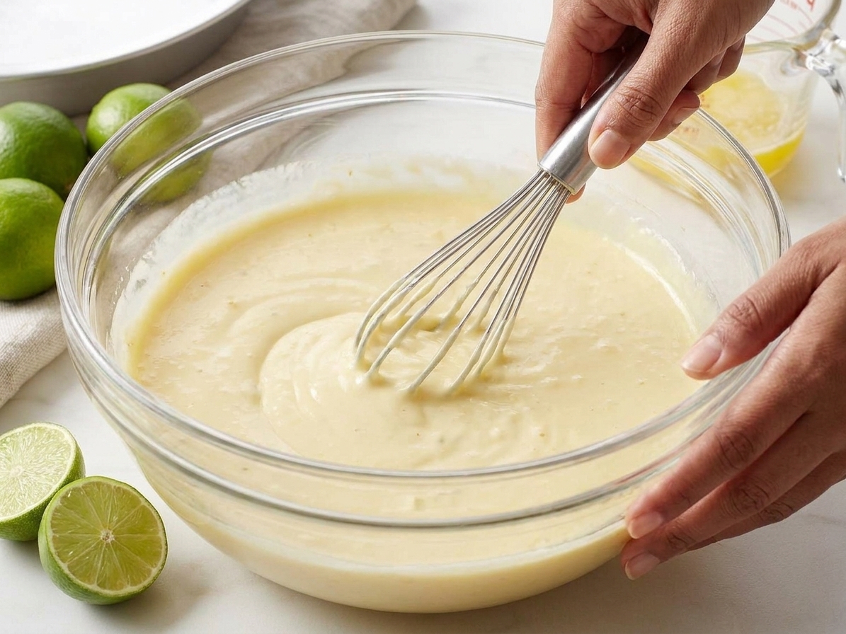 A mixing bowl of pale yellow key lime filling being whisked on a kitchen counter with limes nearby