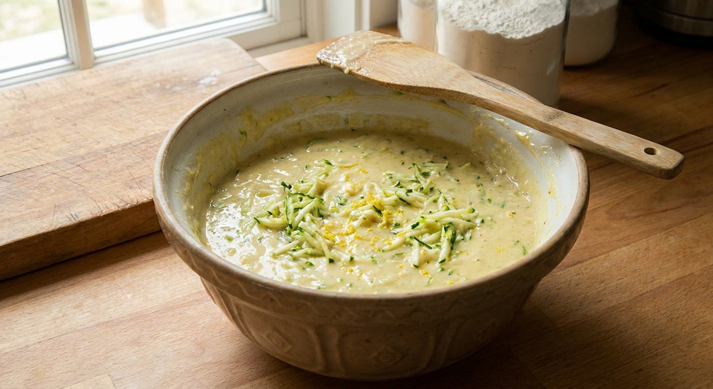 A mixing bowl of pale yellow lemon zucchini bread batter with shredded zucchini folded in, a spatula resting on the side