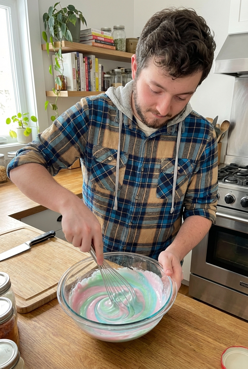 A mixing bowl of pastel Jell-O mixture being whisked until smooth on a kitchen counter
