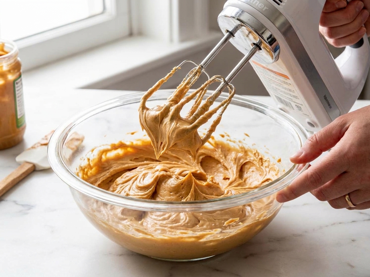 A mixing bowl of peanut butter frosting being whipped with a hand mixer on a bright kitchen counter, with frosting clinging to the beaters