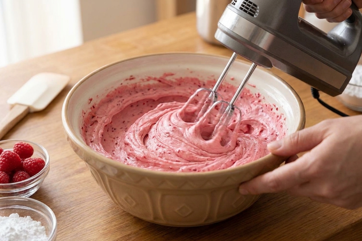 A mixing bowl of pink raspberry buttercream being whipped with a hand mixer