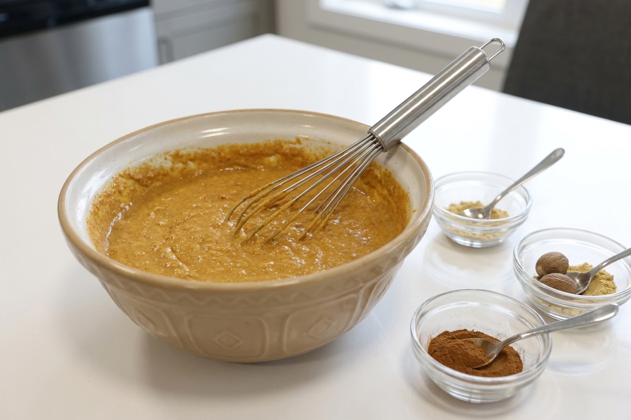 A mixing bowl of pumpkin waffle batter with a whisk resting inside on a clean kitchen counter, with small bowls of spices nearby