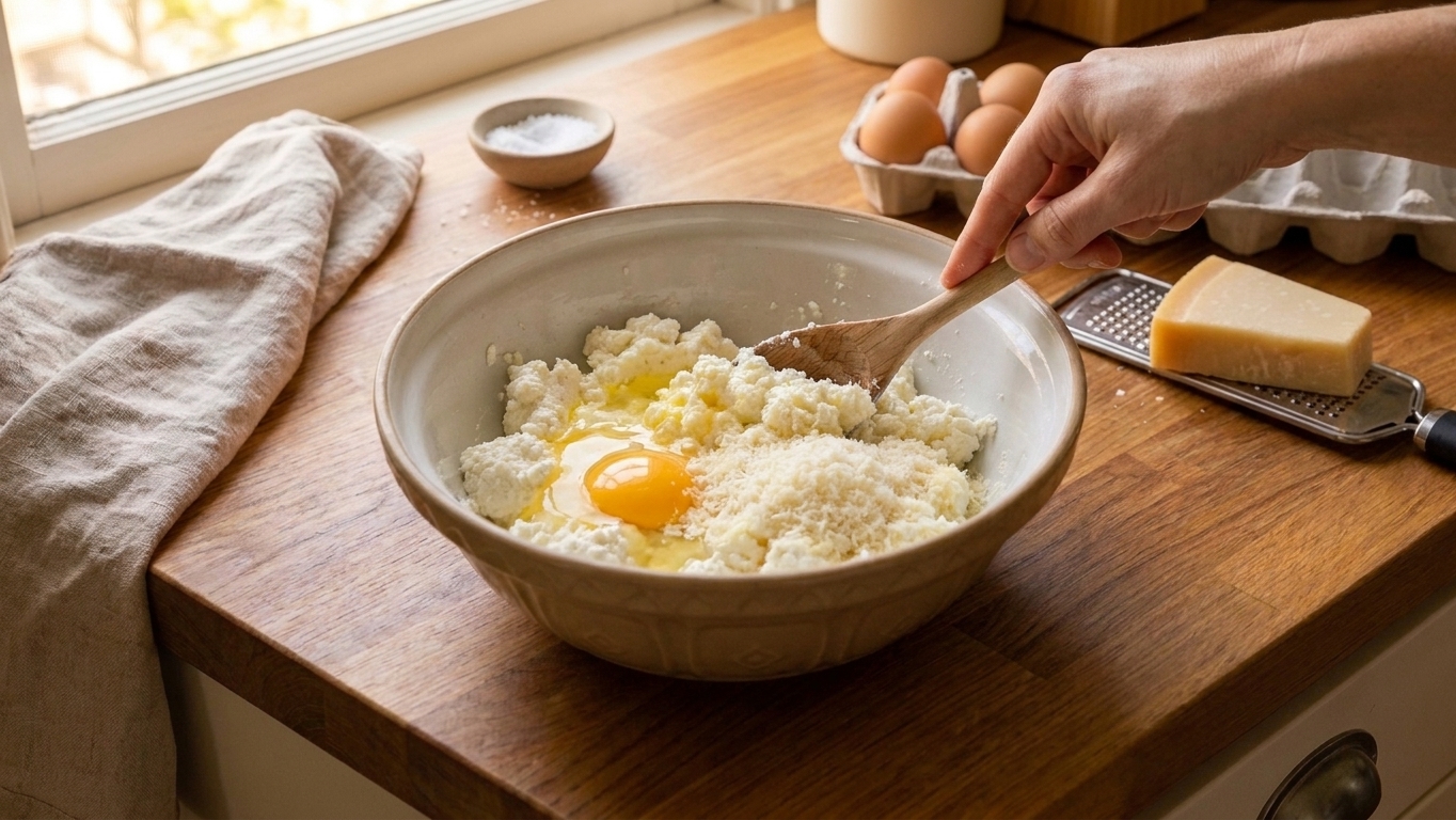 A mixing bowl of ricotta, egg, and parmesan being stirred with a spoon on a warm kitchen counter with ingredients nearby