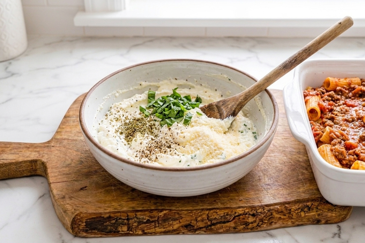 A mixing bowl of ricotta mixture with herbs and cheese, ready to be layered into the pasta