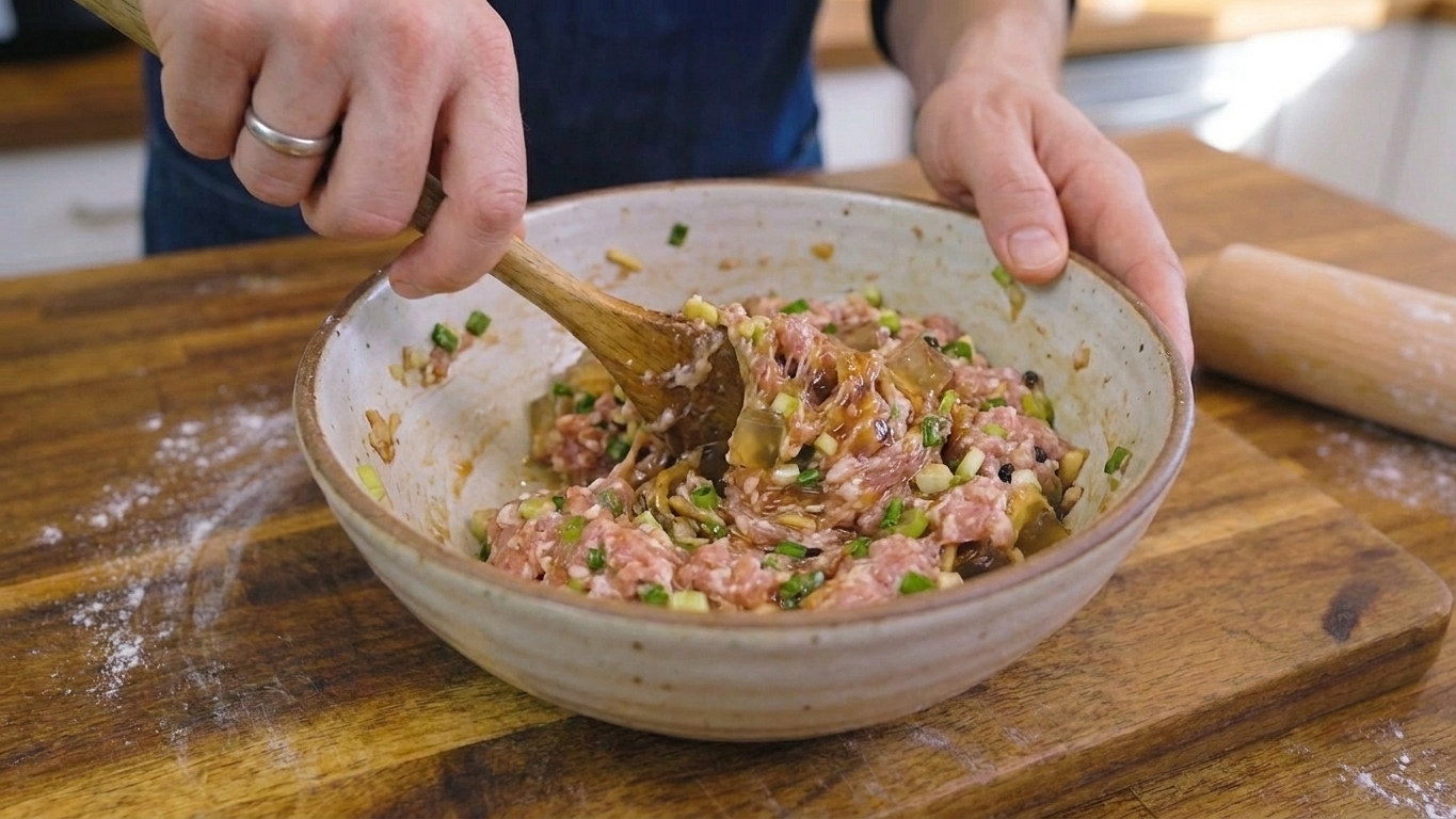 A mixing bowl of seasoned pork dumpling filling being stirred until sticky and well combined.