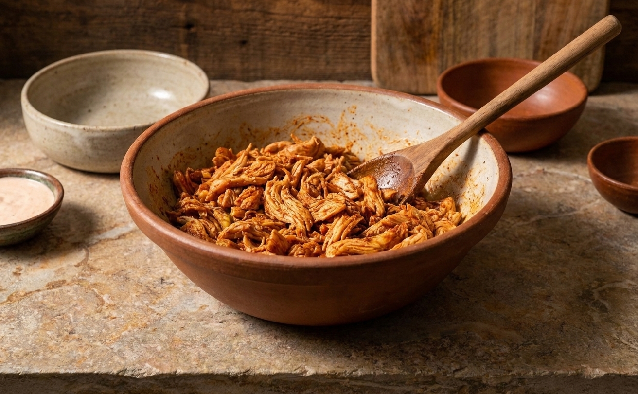 A mixing bowl of shredded chicken coated in taco spices with a spoon resting inside on a kitchen counter