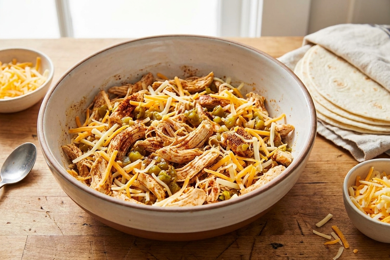 A mixing bowl of shredded chicken tossed with spices, chopped green chiles, and shredded cheese on a kitchen counter with tortillas nearby