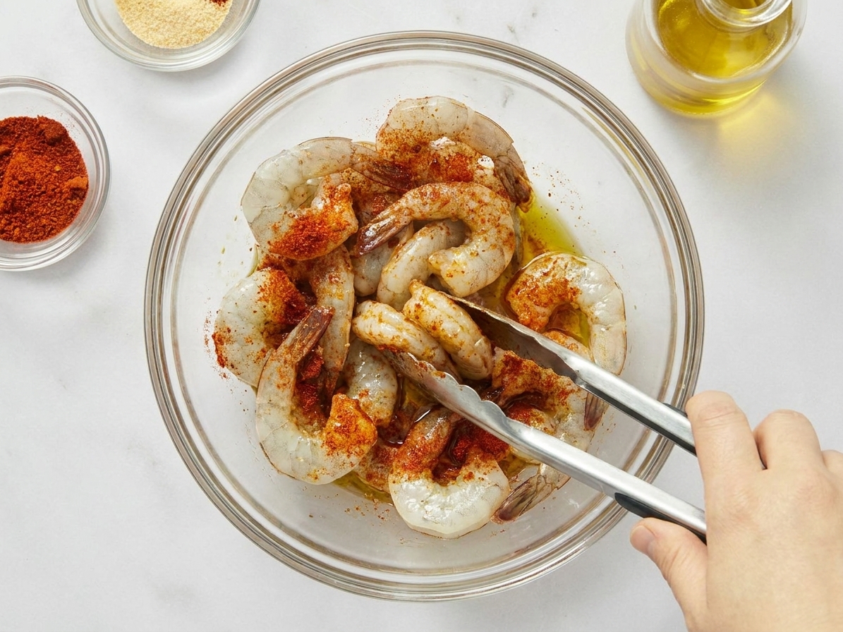 A mixing bowl of shrimp being tossed with oil and a red spice blend using tongs on a kitchen counter