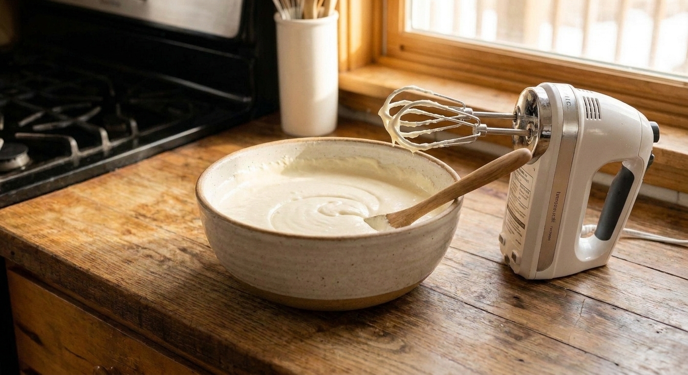 A mixing bowl of smooth cheesecake batter with a mixer resting nearby on the counter