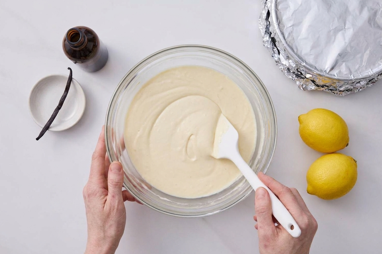 A mixing bowl of smooth cheesecake batter with a spatula, sitting on a kitchen counter with vanilla and lemons nearby