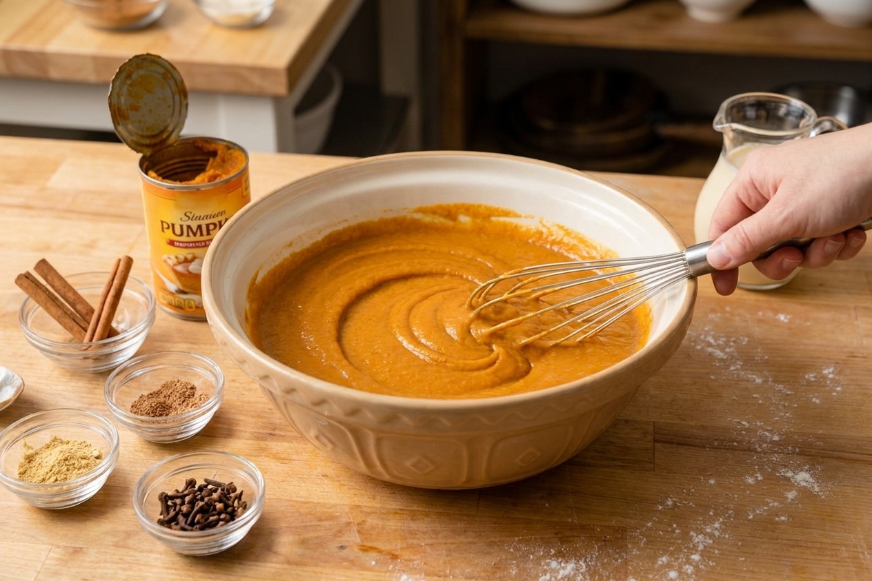 A mixing bowl of smooth pumpkin pie filling being whisked on a wooden countertop with spices nearby