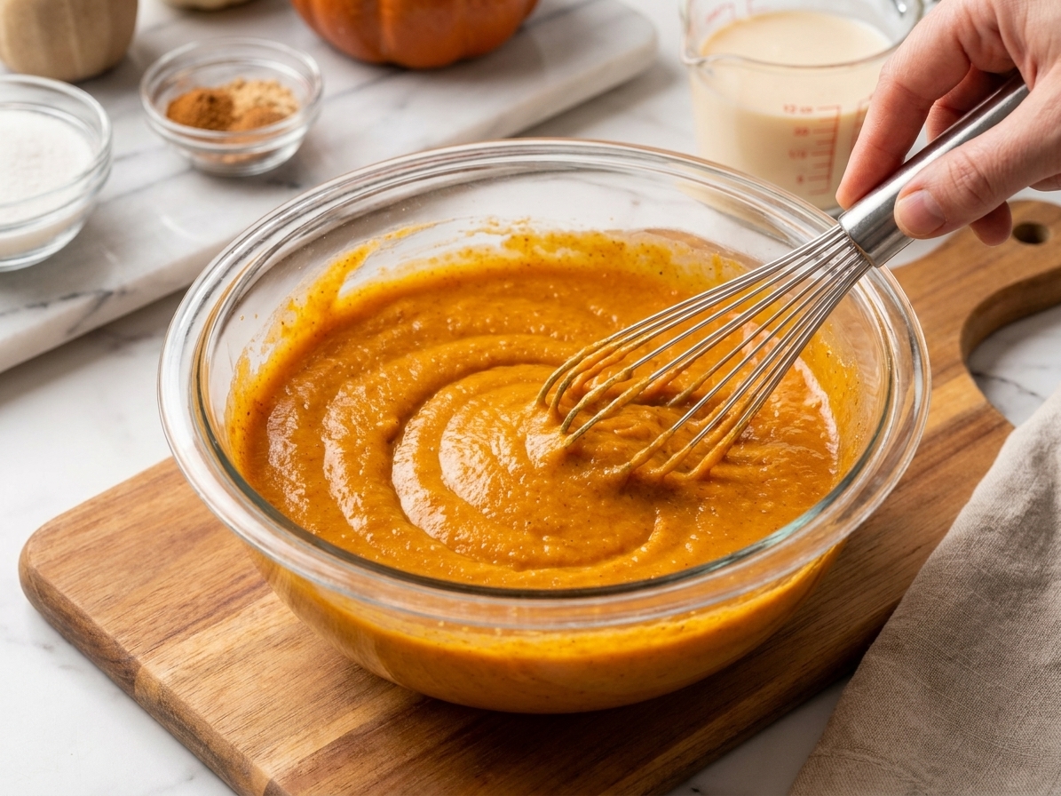 A mixing bowl of smooth spiced pumpkin filling being whisked on a kitchen counter with warm light