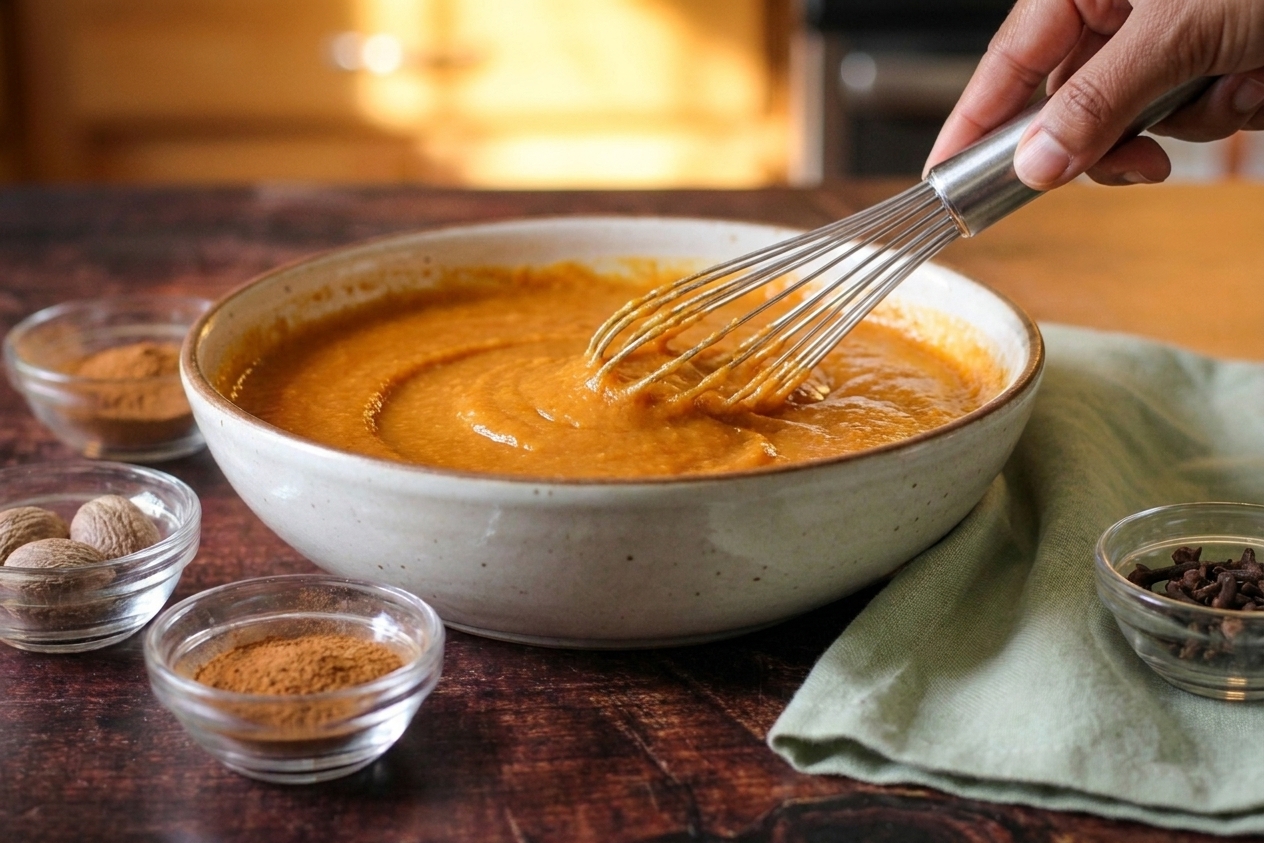 A mixing bowl of smooth sweet potato pie filling being whisked by hand on a kitchen counter, batter glossy and well blended