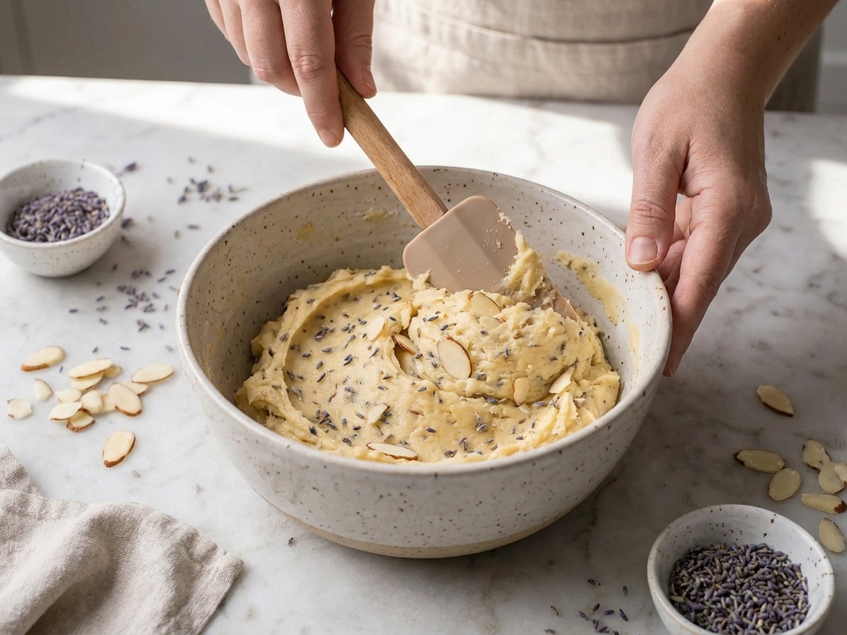 A mixing bowl of soft almond cookie dough being stirred with a spatula on a bright kitchen counter