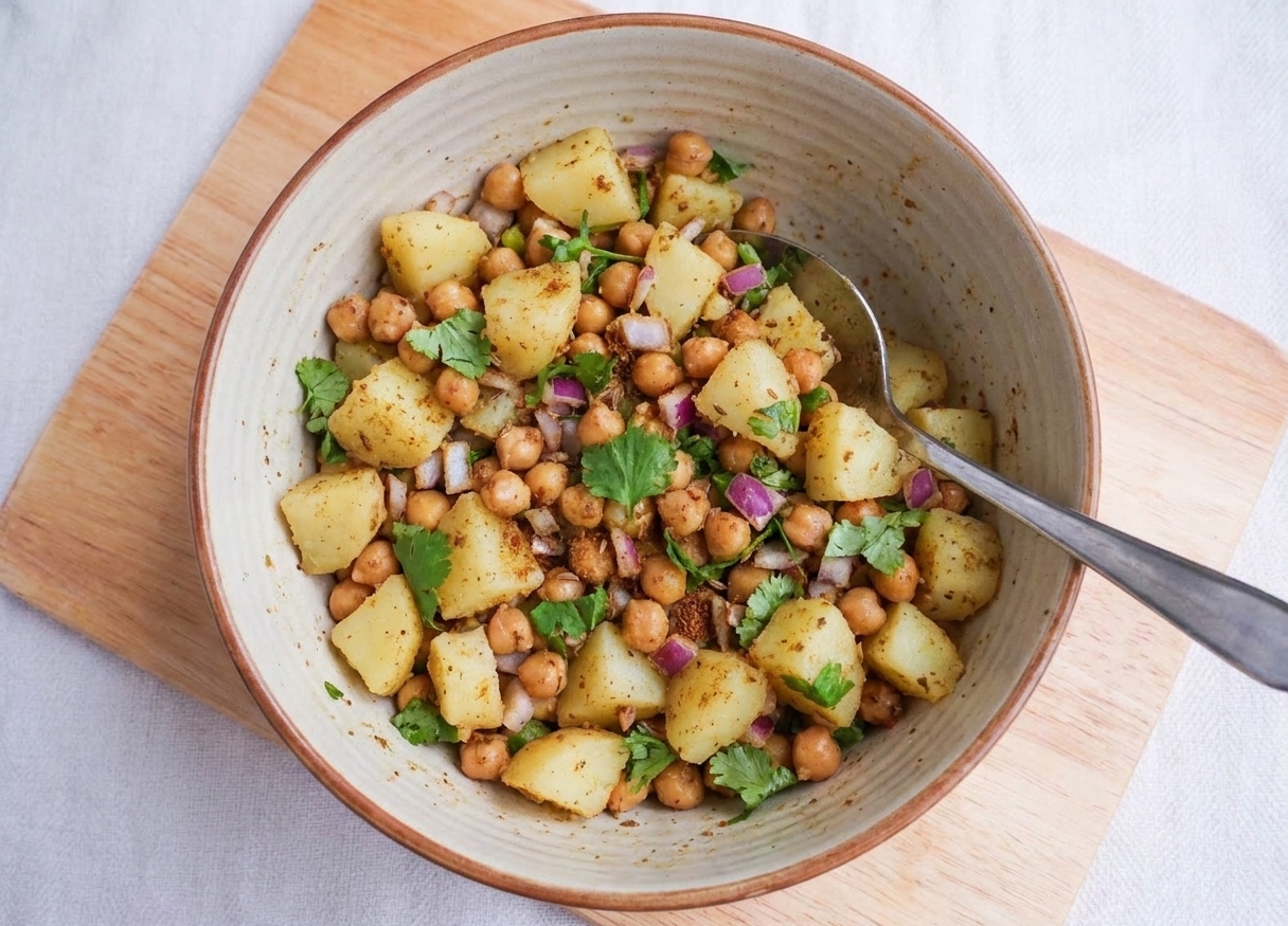 A mixing bowl of spiced potato and chickpea filling with chopped onion and cilantro, with a spoon resting inside