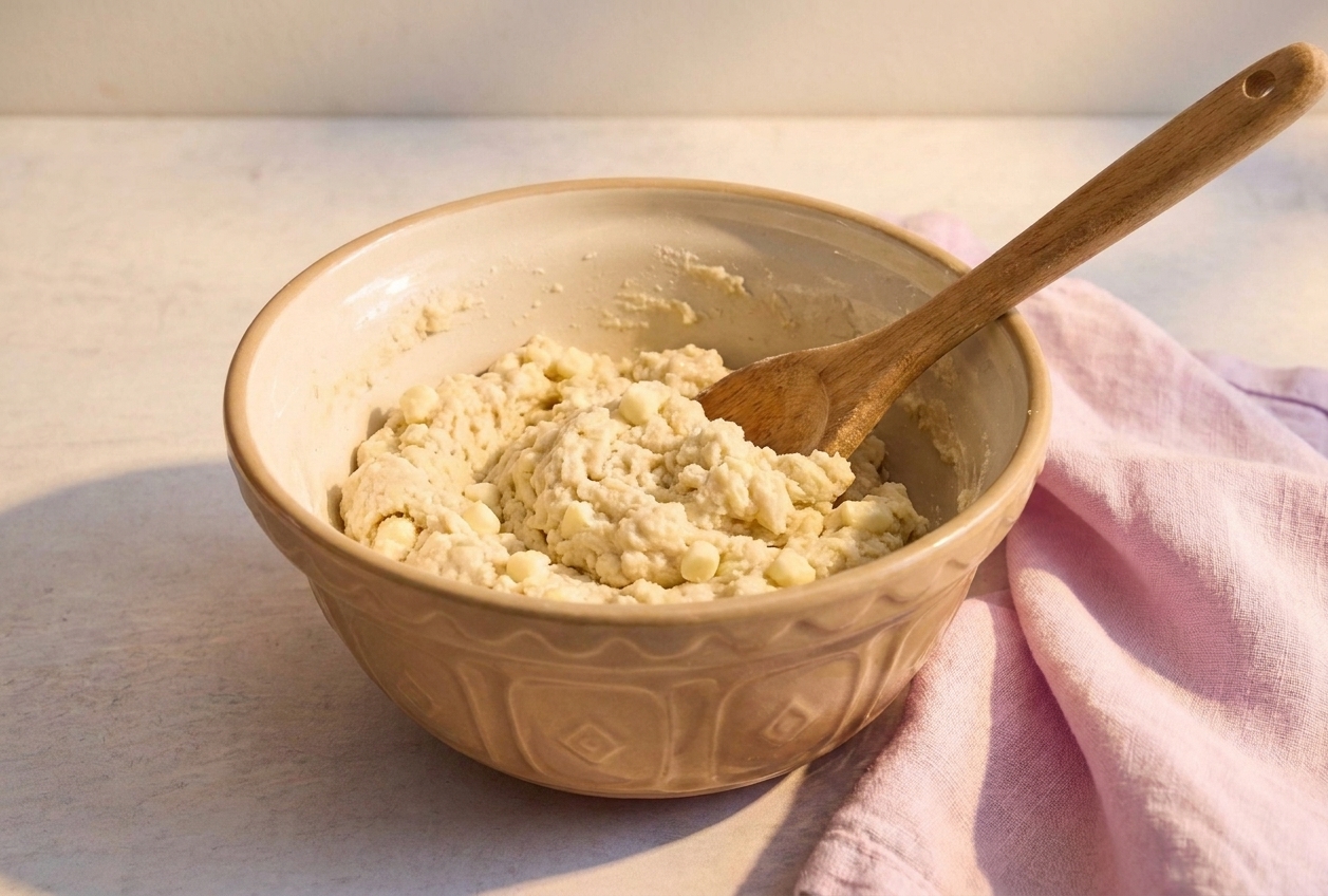 A mixing bowl of thick Bisquick shortcake dough with visible small butter bits, ready to be scooped