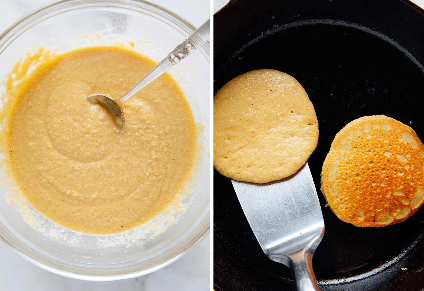 A mixing bowl of thick almond flour pancake batter with a whisk resting inside on a kitchen counter