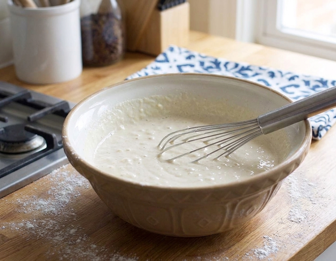 A mixing bowl of thick buttermilk pancake batter with a whisk resting inside, on a flour-dusted kitchen counter