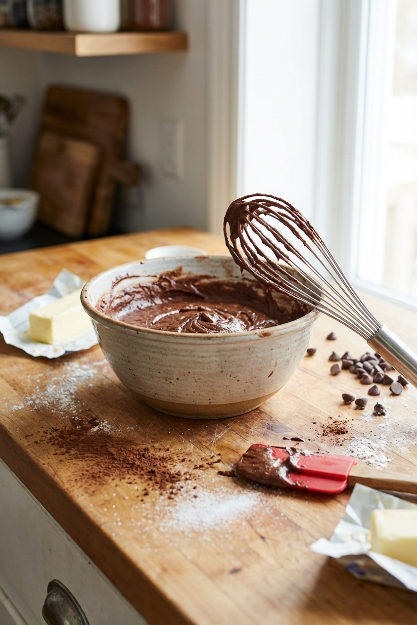 A mixing bowl of thick chocolate brownie batter with a whisk and rubber spatula nearby on a kitchen counter, ingredients scattered naturally, bright natural light, photorealistic food photography