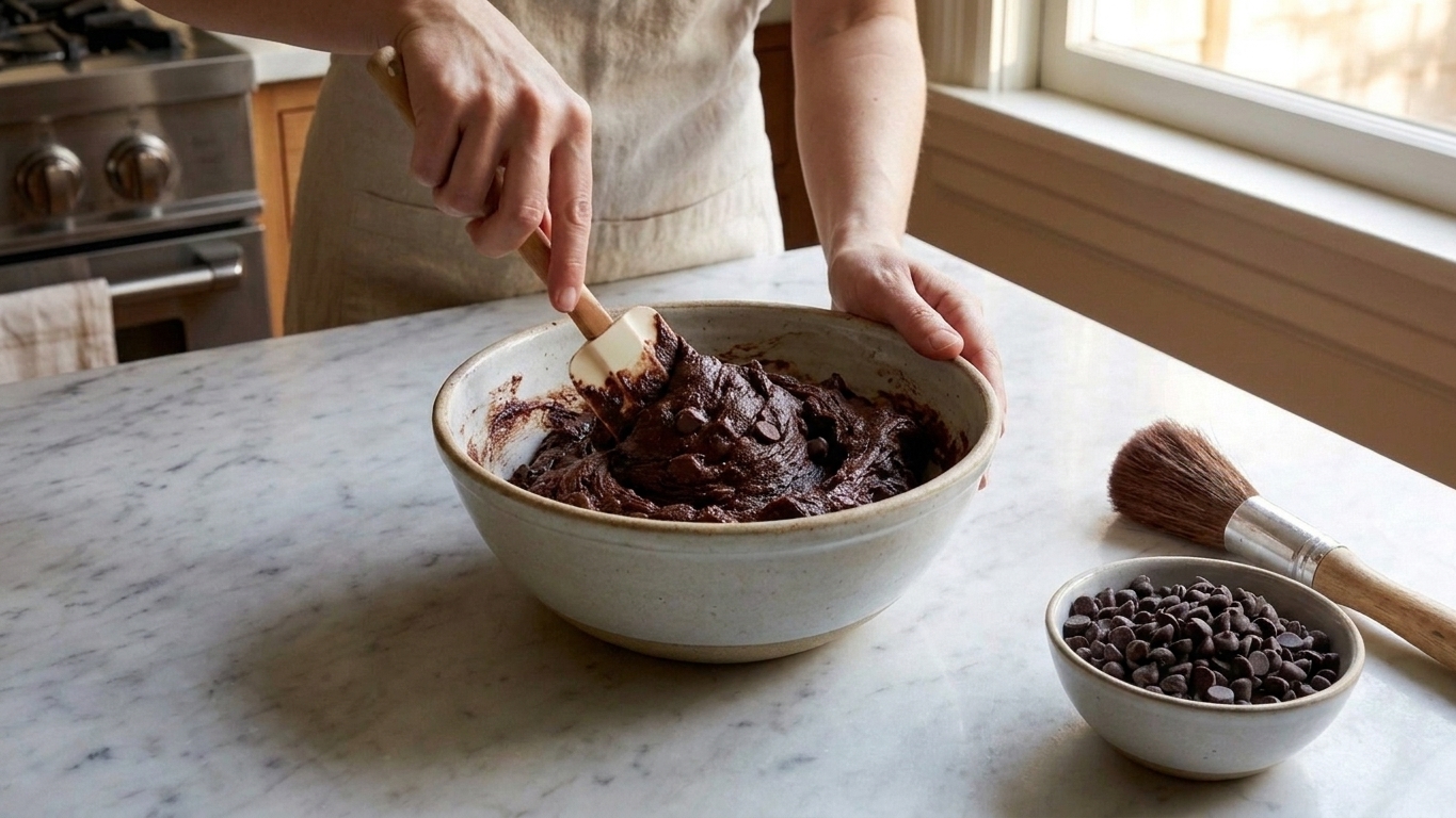 A mixing bowl of thick chocolate cookie dough being stirred with a rubber spatula on a kitchen counter