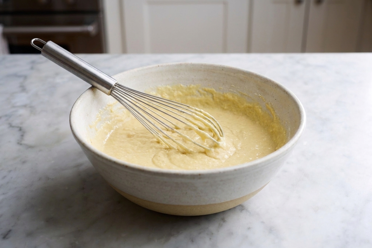 A mixing bowl of thick coconut flour pancake batter with a whisk resting inside on a kitchen counter