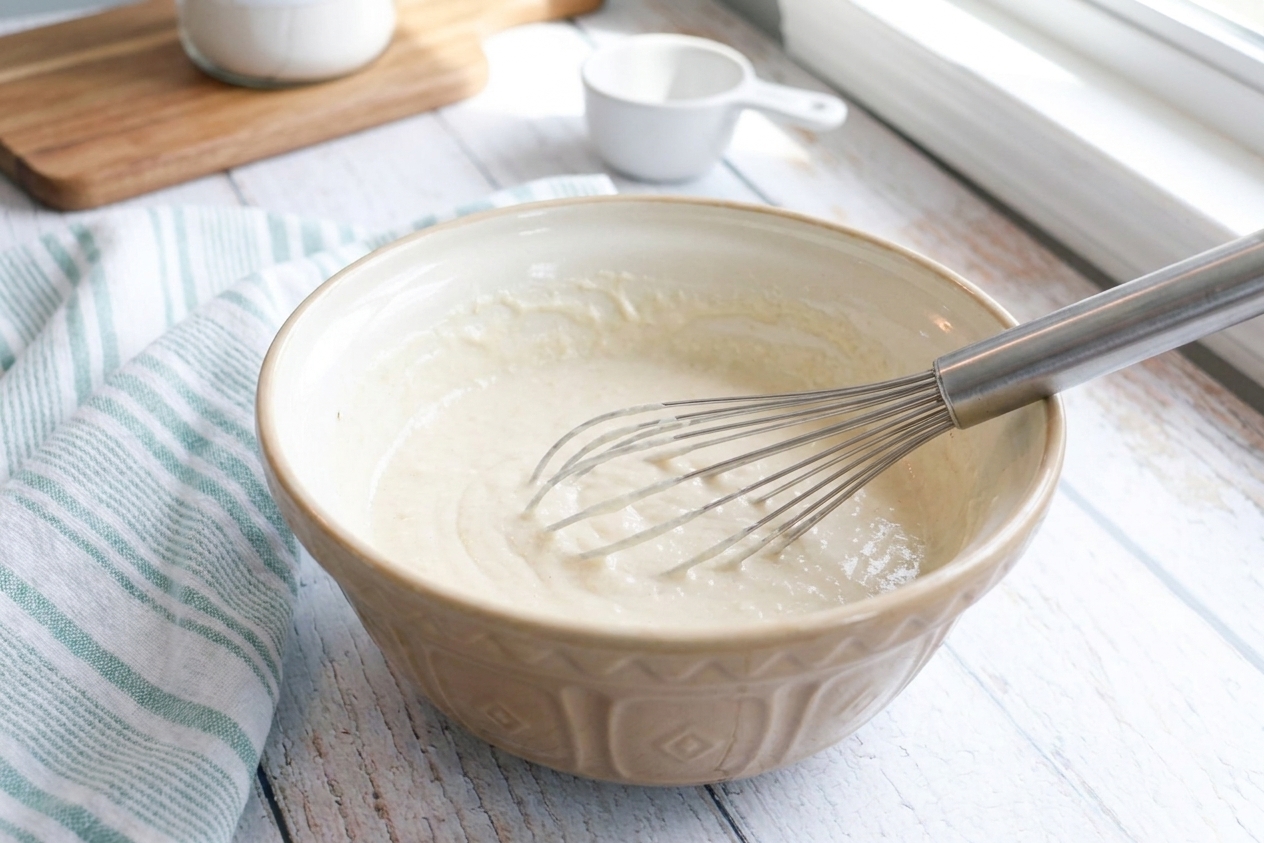 A mixing bowl of thick gluten-free pancake batter with a whisk resting inside on a kitchen counter