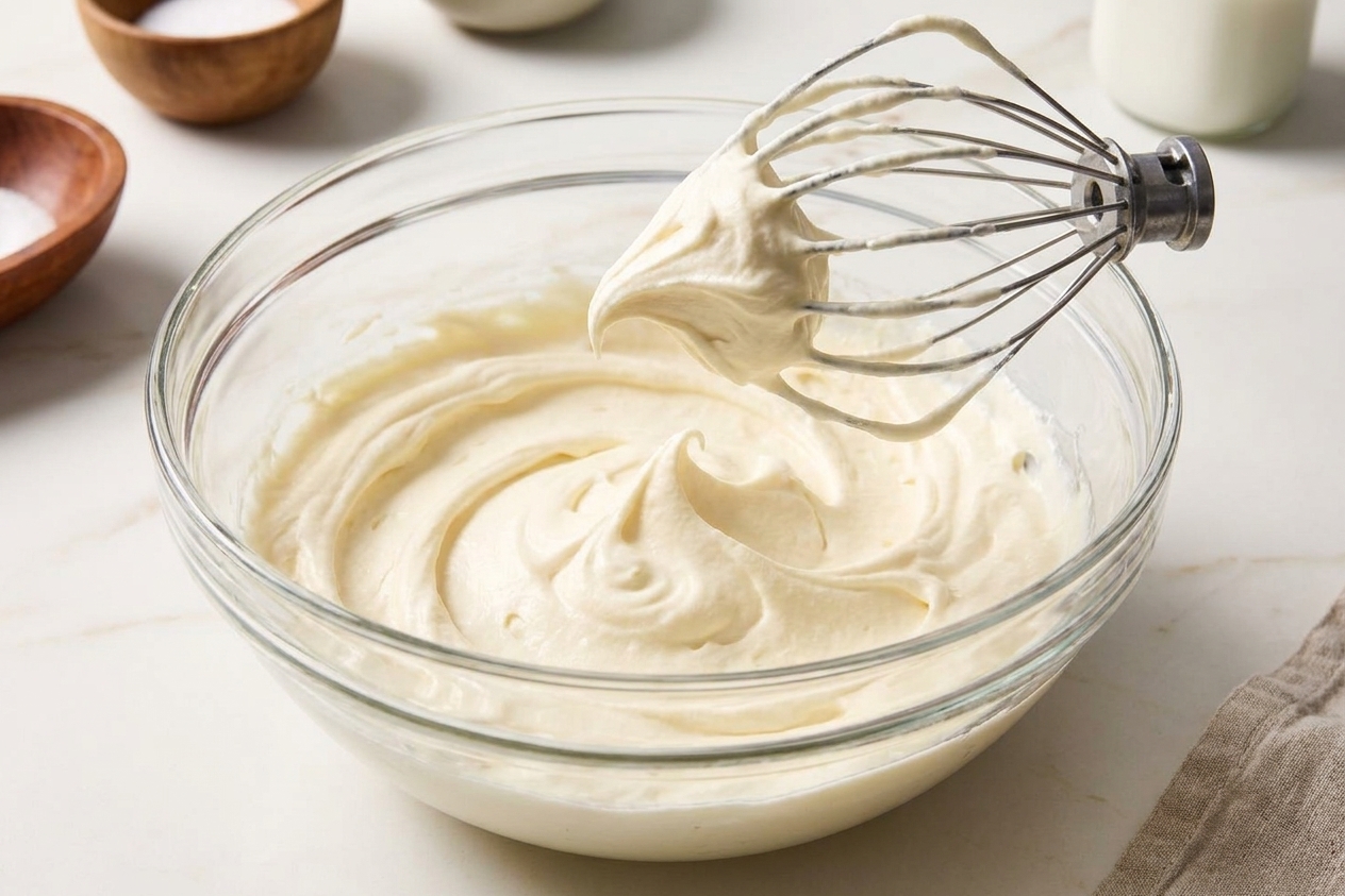 A mixing bowl of thick mascarpone whipped cream with soft peaks forming on the whisk attachment on a bright kitchen counter