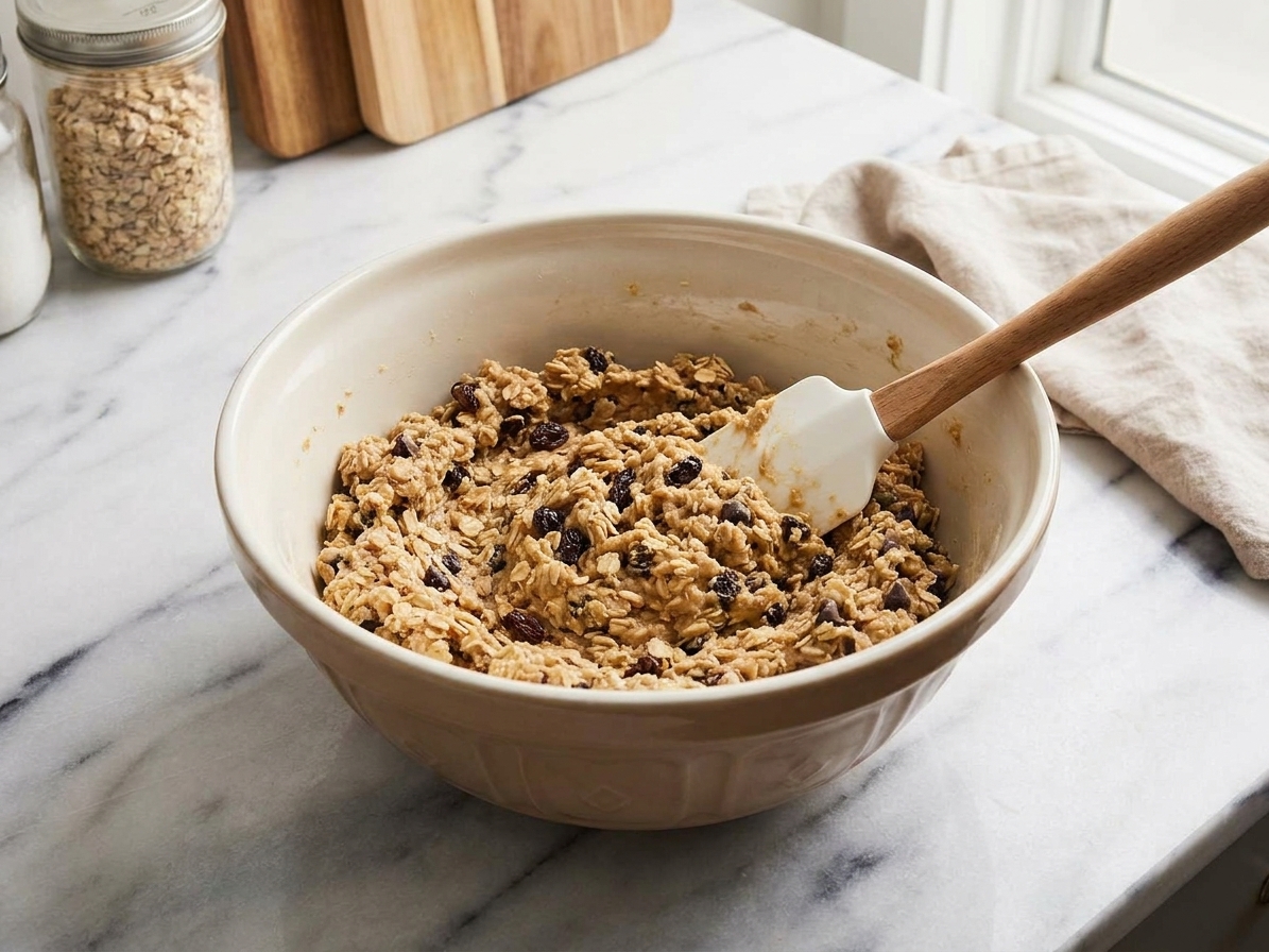 A mixing bowl of thick oatmeal cookie dough with visible rolled oats, with a spatula resting in the bowl on a kitchen counter