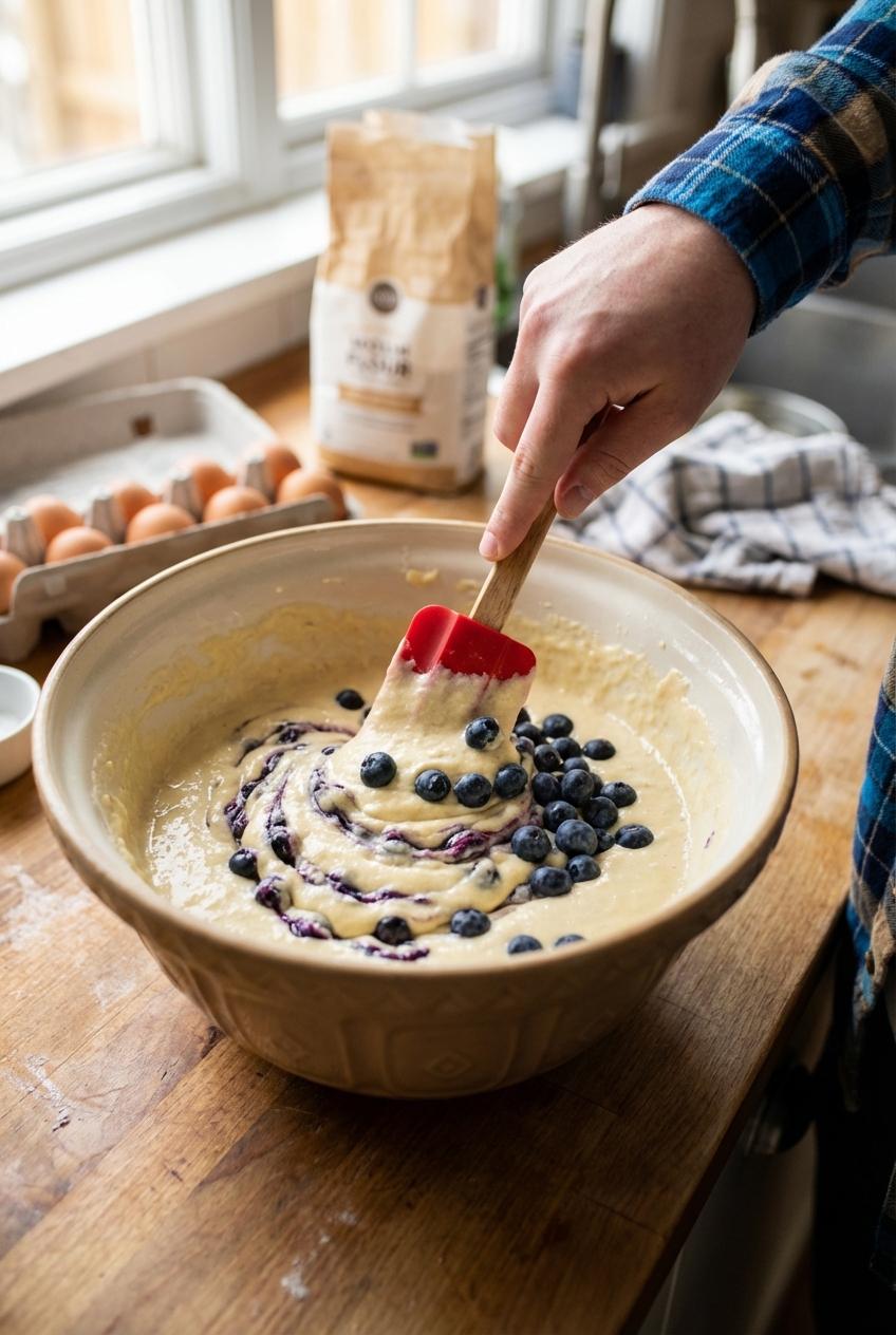 A mixing bowl of thick pancake batter with blueberries being folded in using a rubber spatula on a kitchen counter