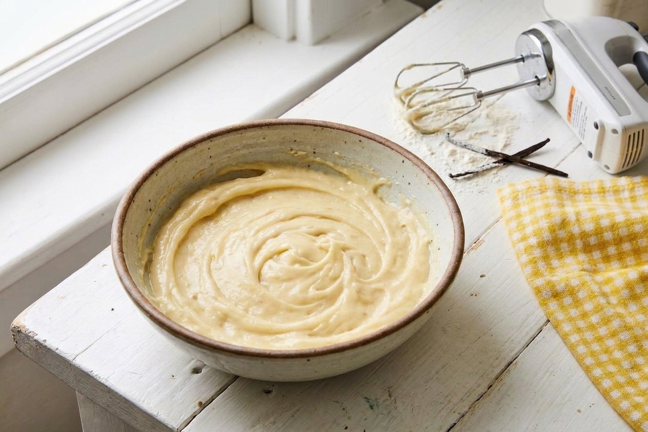 A mixing bowl of thick vanilla pudding frosting with a hand mixer nearby on a clean kitchen counter