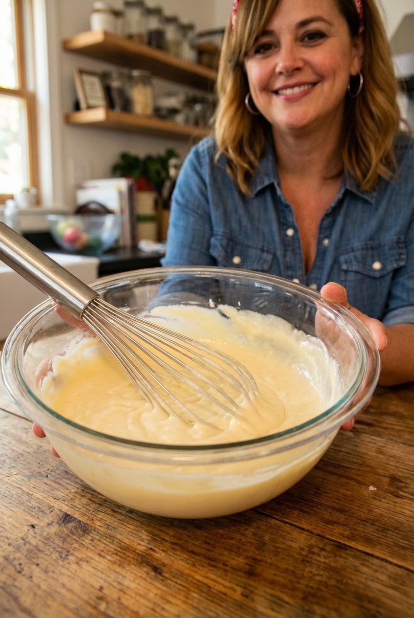 A mixing bowl of thick vanilla pudding with a whisk resting inside on a wooden countertop