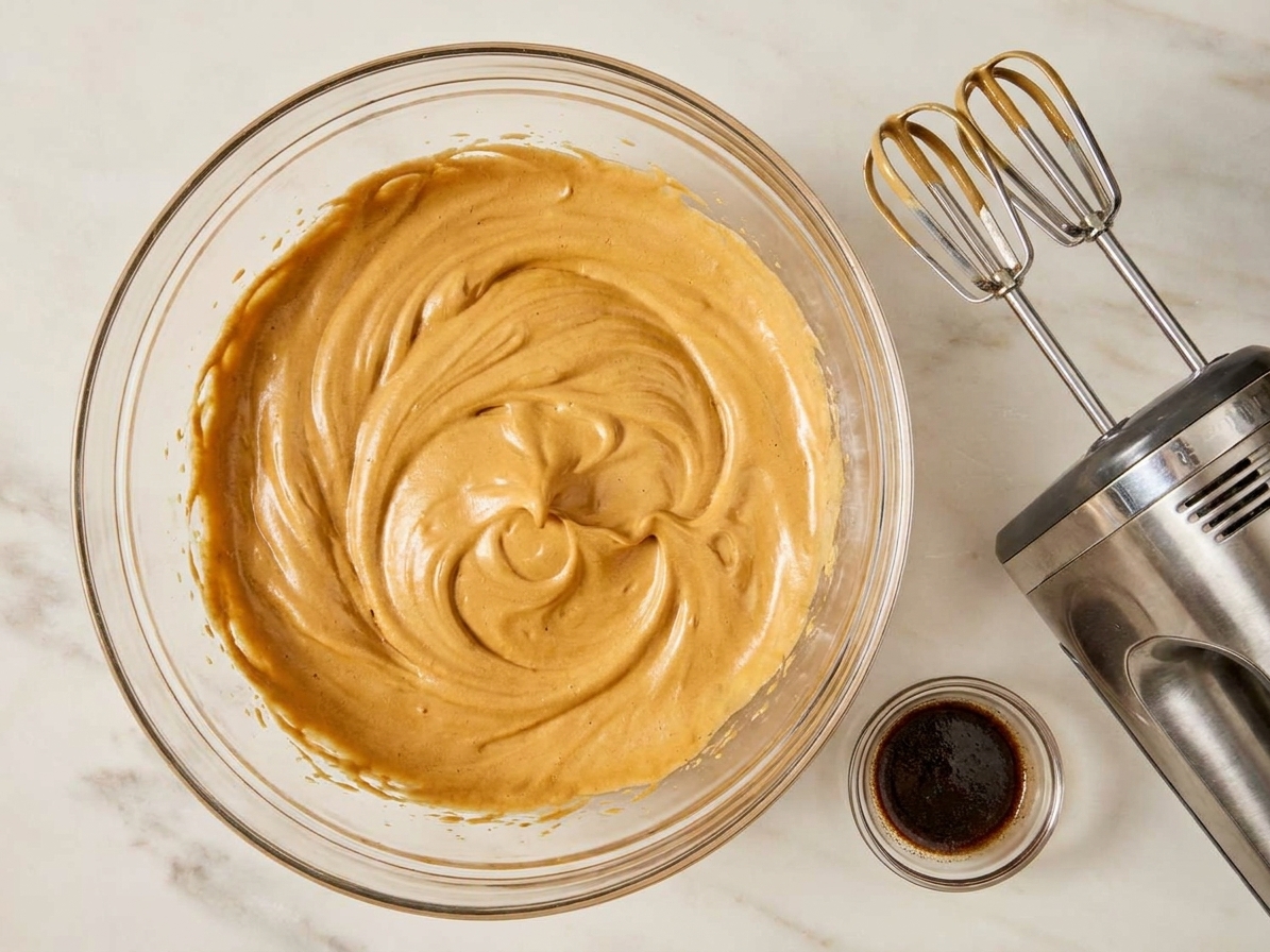 A mixing bowl of thick whipped vanilla butterscotch foam with a hand mixer resting nearby on a kitchen counter
