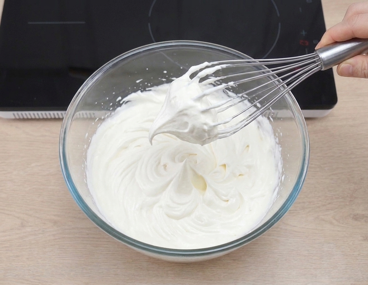 A mixing bowl of whipped cream at medium-stiff peaks with a whisk lifted above the bowl