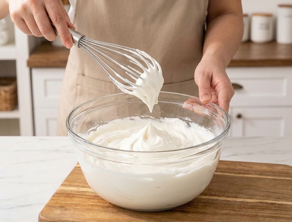 A mixing bowl of whipped cream at soft peaks with a whisk lifted above it.