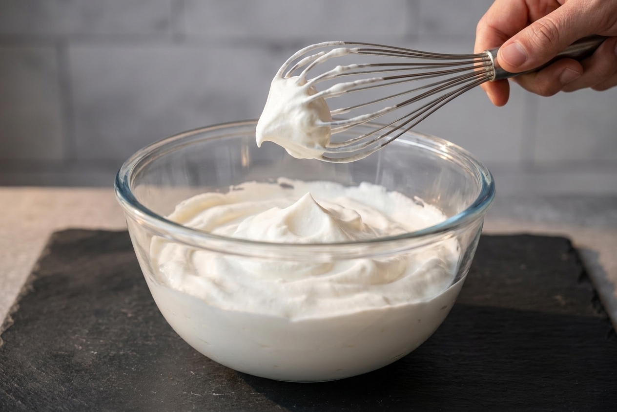 A mixing bowl of whipped cream at soft peaks with a whisk lifted above it in a home kitchen