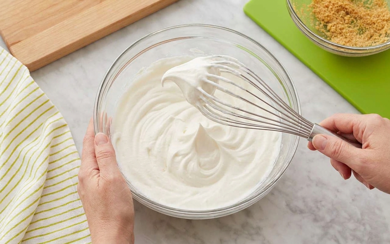 A mixing bowl of whipped cream beaten to stiff peaks with a whisk lifted above the bowl