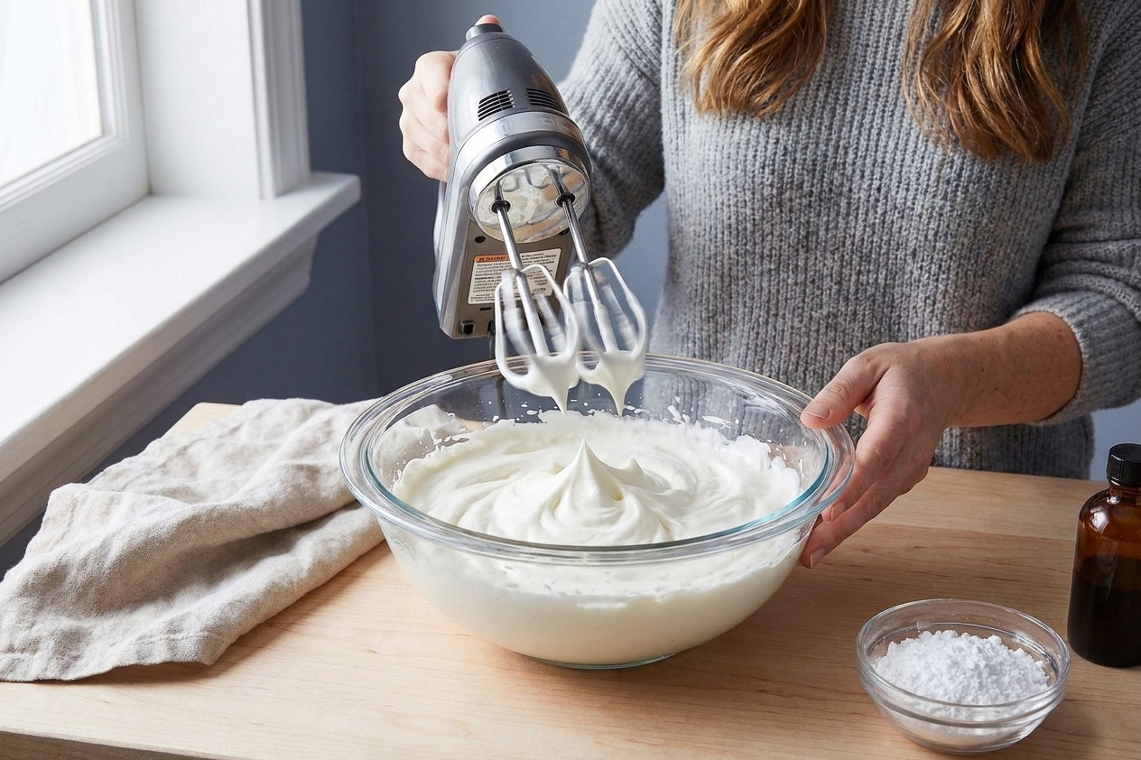 A mixing bowl of whipped cream frosting being whipped to stiff peaks with a hand mixer