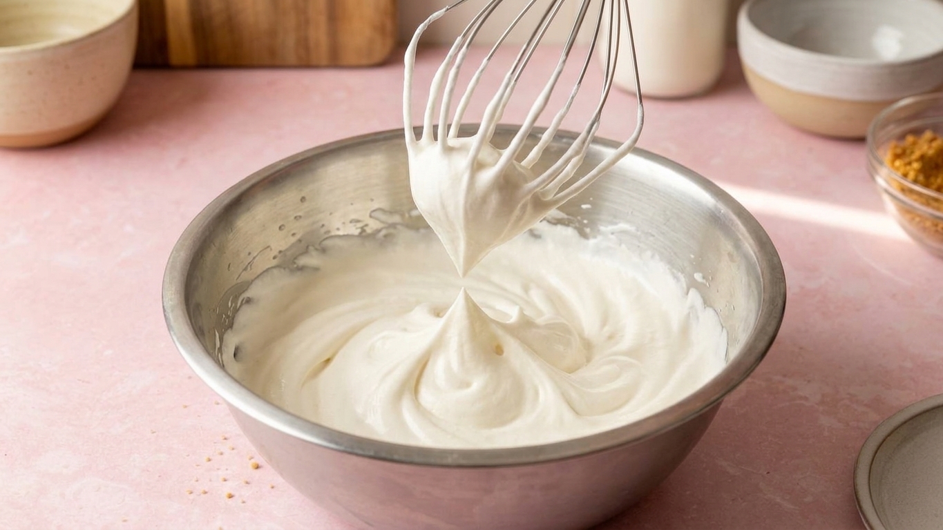 A mixing bowl of whipped cream holding stiff peaks with a whisk lifted above it on a bright kitchen counter