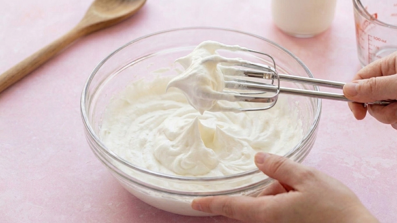 A mixing bowl of whipped cream holding stiff peaks with beaters lifted above the bowl