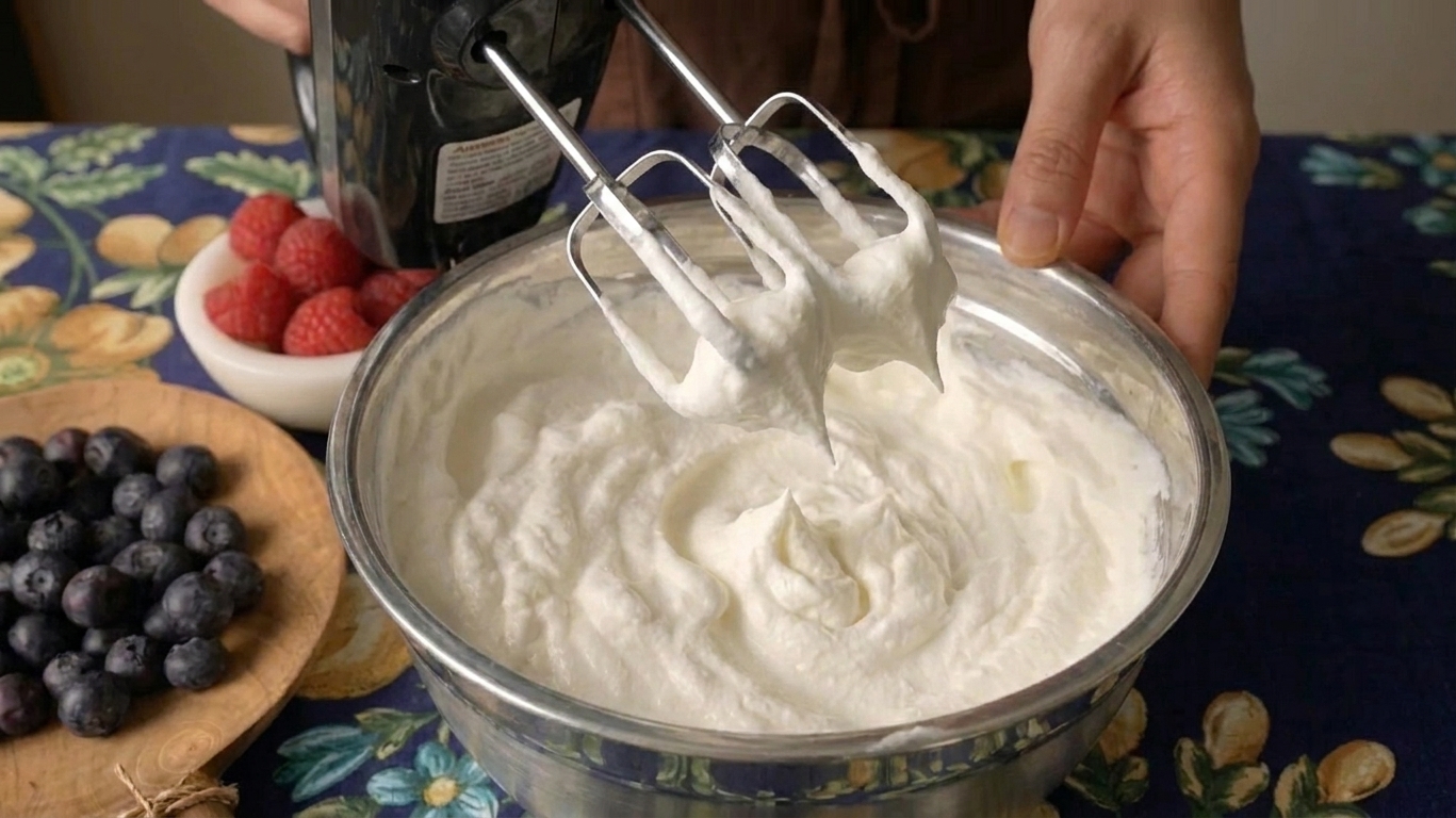 A mixing bowl of whipped cream showing soft peaks that curl over when lifted by the beaters