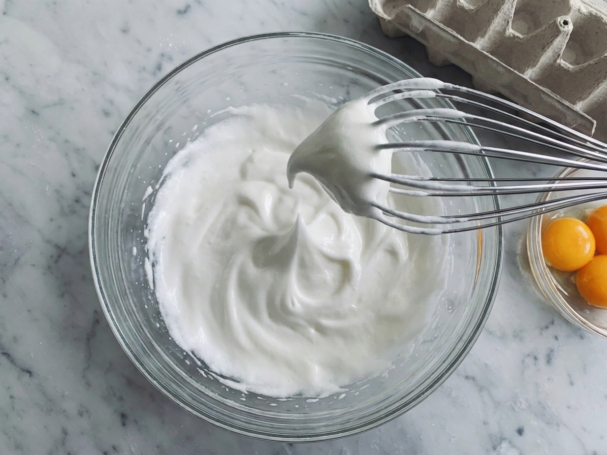 A mixing bowl of whipped egg whites at glossy firm peaks with a whisk lifted above the bowl