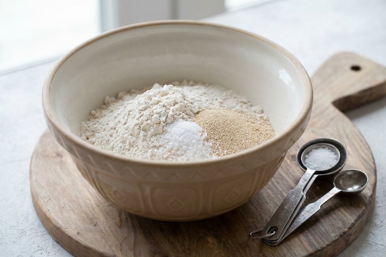 A mixing bowl on a kitchen counter filled with gluten-free flour blend, salt, and yeast, with measuring spoons nearby