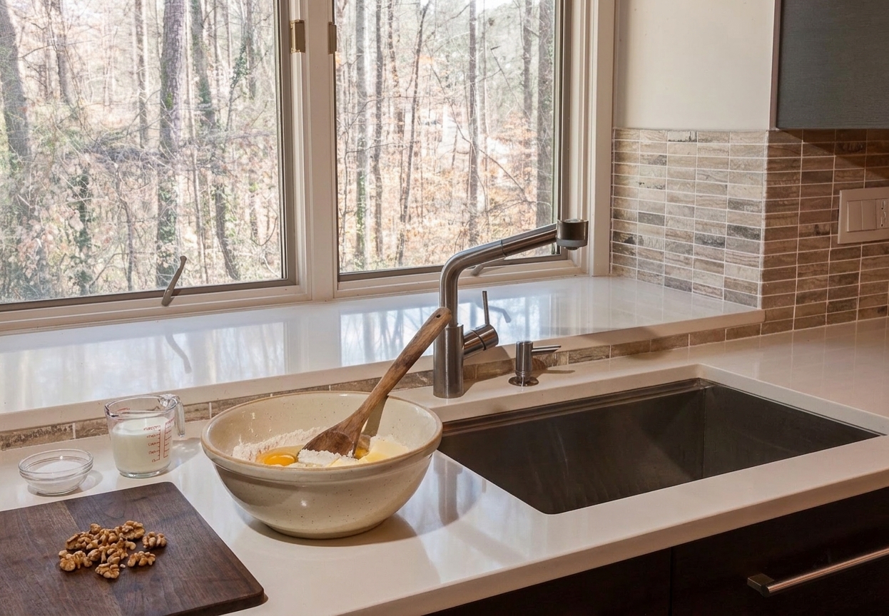 A mixing bowl on a kitchen counter with a wooden spoon resting inside, like a simple prep station