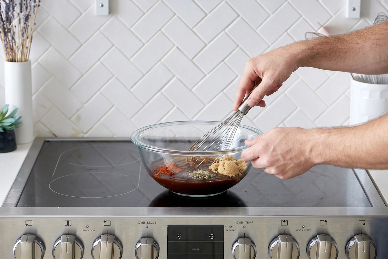 A mixing bowl on a kitchen counter with barbecue sauce, vinegar, brown sugar, and spices being whisked together