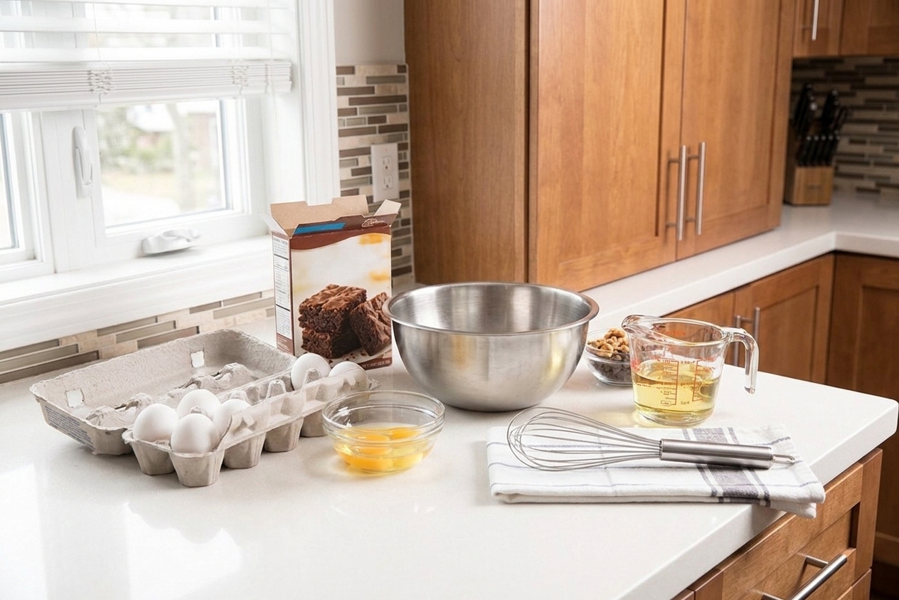 A mixing bowl on a kitchen counter with boxed brownie mix, eggs, oil, and a whisk laid out for baking