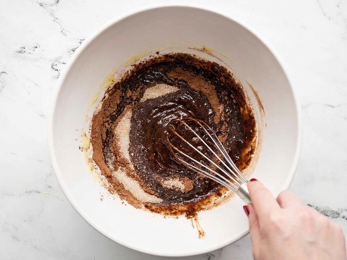 A mixing bowl on a kitchen counter with cocoa and melted butter as sugars are whisked in until glossy