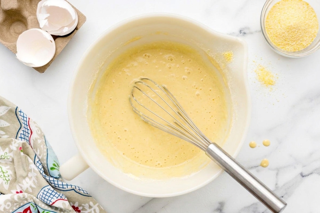 A mixing bowl on a kitchen counter with cornmeal batter being whisked until smooth, with a whisk resting inside the bowl
