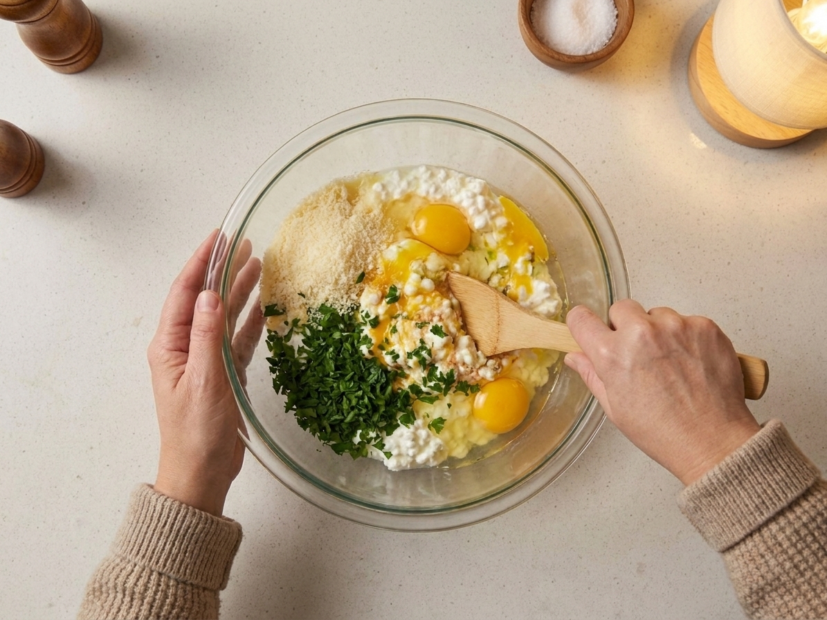 A mixing bowl on a kitchen counter with cottage cheese, eggs, Parmesan, and parsley being stirred together with a spoon, warm consistent kitchen lighting