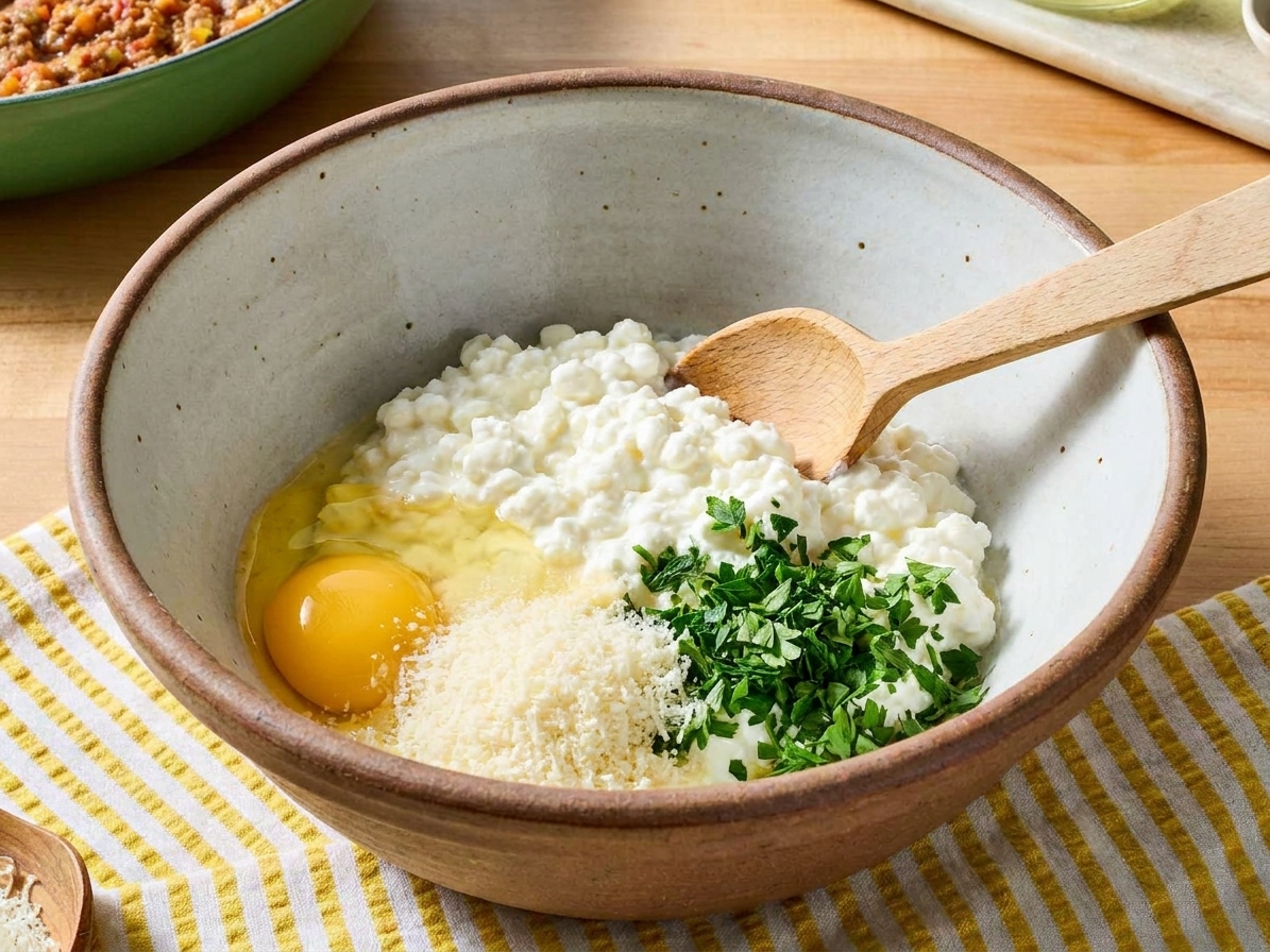 A mixing bowl on a kitchen counter with cottage cheese, an egg, grated parmesan, and chopped parsley ready to be stirred