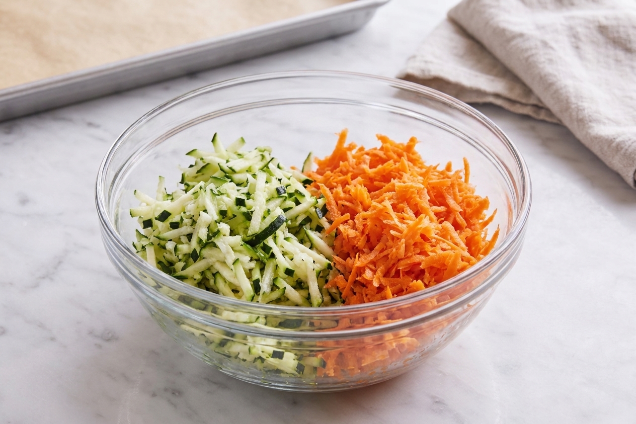 A mixing bowl on a kitchen counter with grated zucchini and grated carrots piled side by side, ready to be used in baking